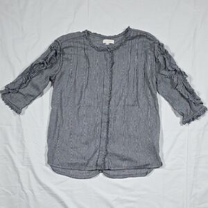 Frayed-Trim Gray Striped Tunic Top
